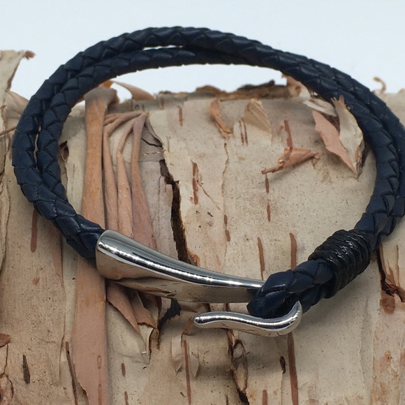 Men’s / Unisex Dark Blue Double Leather Bracelet Stainless Steel Hook Clasp - Picture 4 of 4